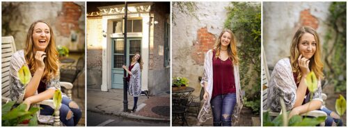 A high school senior in several photos in the French quarter wearing colorful clothes.