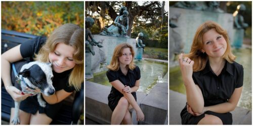 Three photos of a senior girl and her dog.