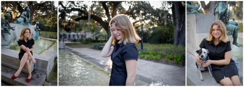 A high school senior graduate posing in a dark dress for senior photos.