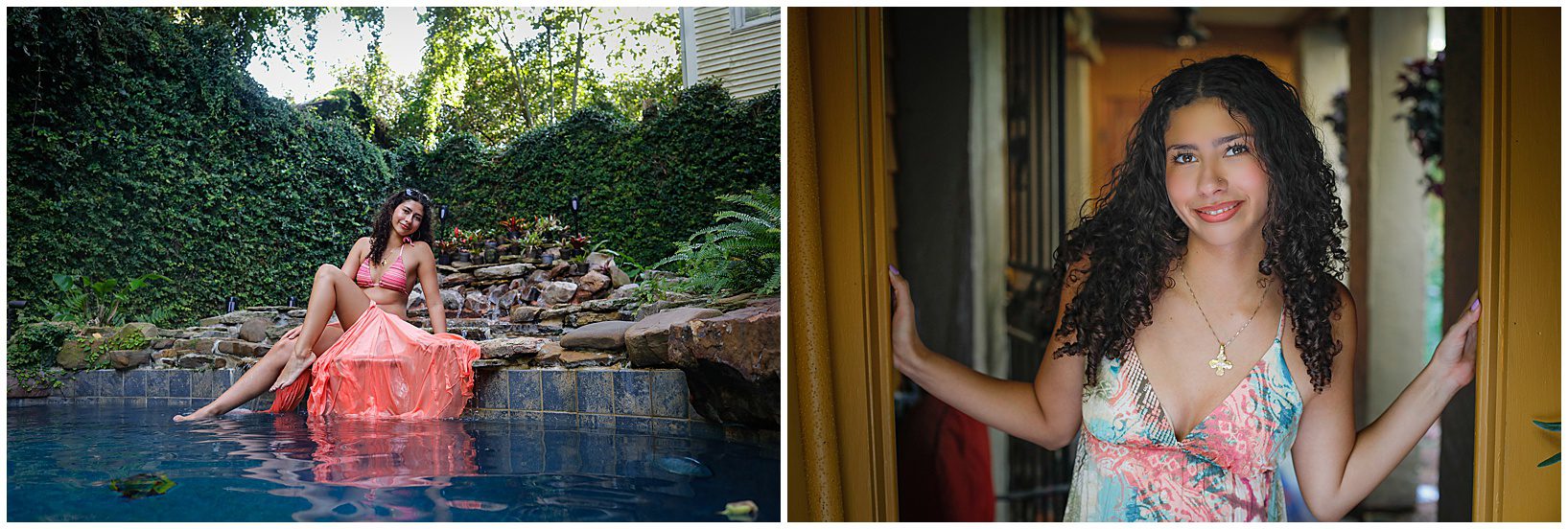 A high school senior who is a swimmer posing in a pool for senior photos.