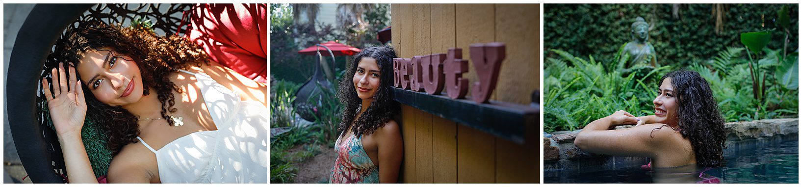 A high school senior posing around a pool for photos.