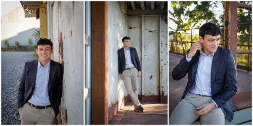 A senior high school graduate boy wearing a blue blazer for photos.