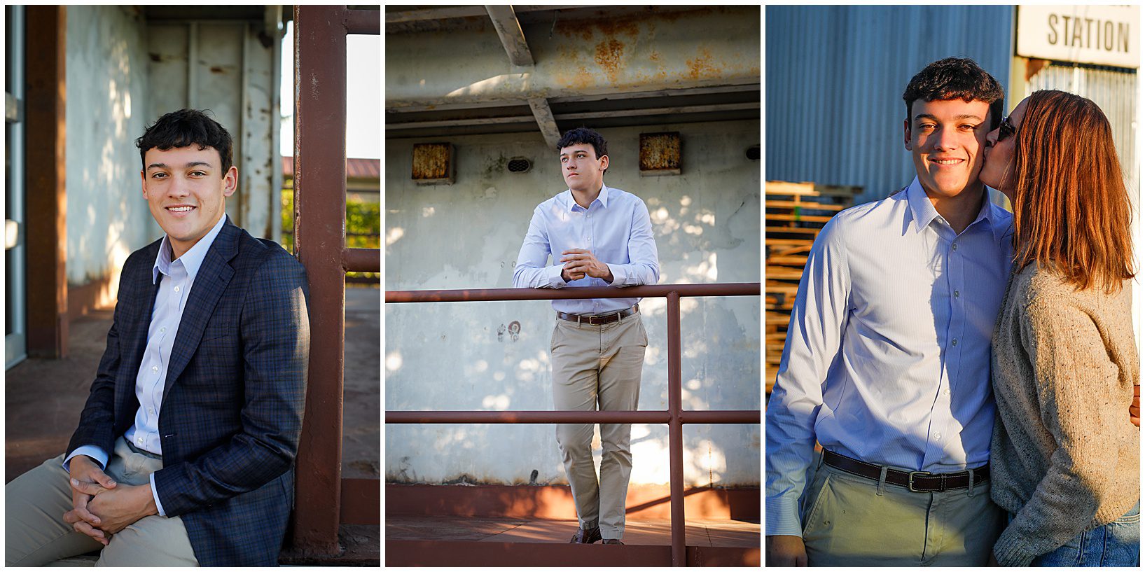 Three pictures of a senior boy wearing a blue shirt and blazer.