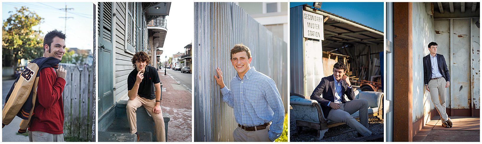Several high school senior boys posing for senior photos.