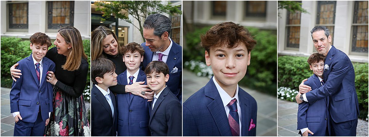 A boy surrounded by his parents and siblings posing in a blue suit for portraits before the start of his bar mitzvah.