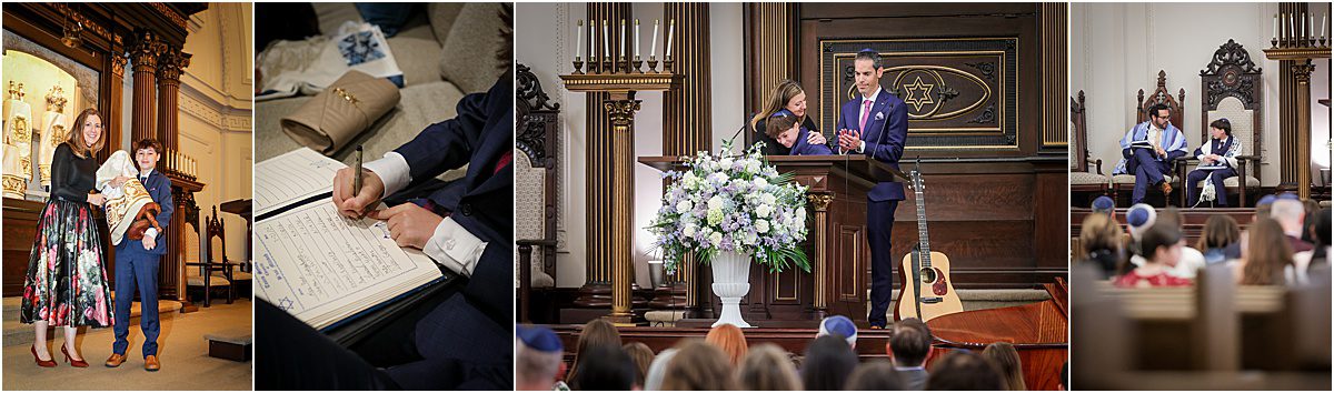 several pictures of a boy in the synagogue during his bar mitzvah service.