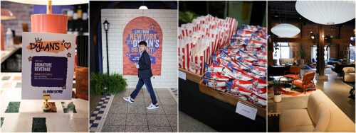 A boy walks by a sign for his bar mitzvah party.
