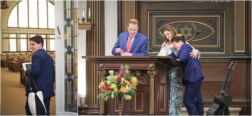 A mom embracing her son during a speech by dad at his bar mitzvah.