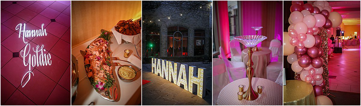 Several pictures of a party for a bat mitzvah with a red carpet and pink theme.