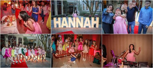 several pictures of a red carpet party for a bat mitzvah.