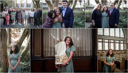 A young woman holding the torah and posing for pictures with her family for her bat mitzvah.