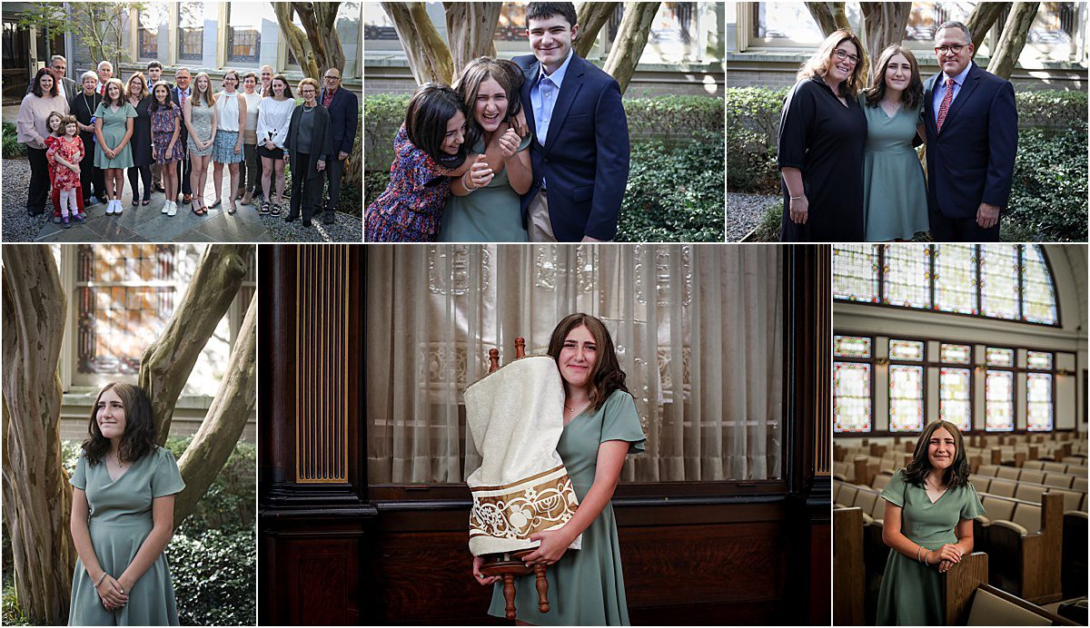 A young woman holding the torah and posing for pictures with her family for her bat mitzvah.