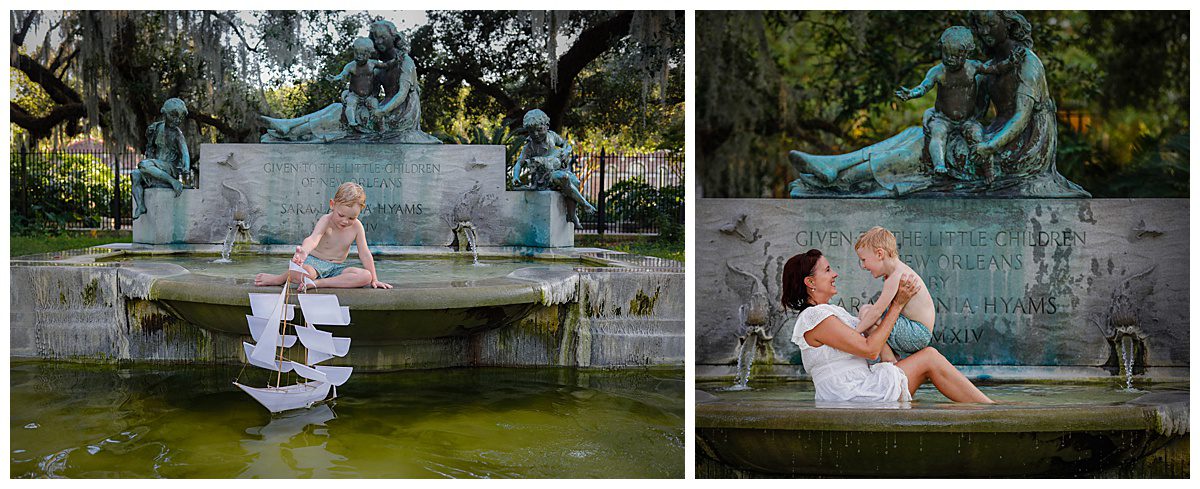 A little boy and his mom playing in a the New Orleans children's fountain.