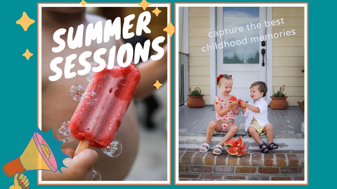 Two siblings holding watermelon eating on a front porch for a story about summer sessions:families, headshots and dog portraits