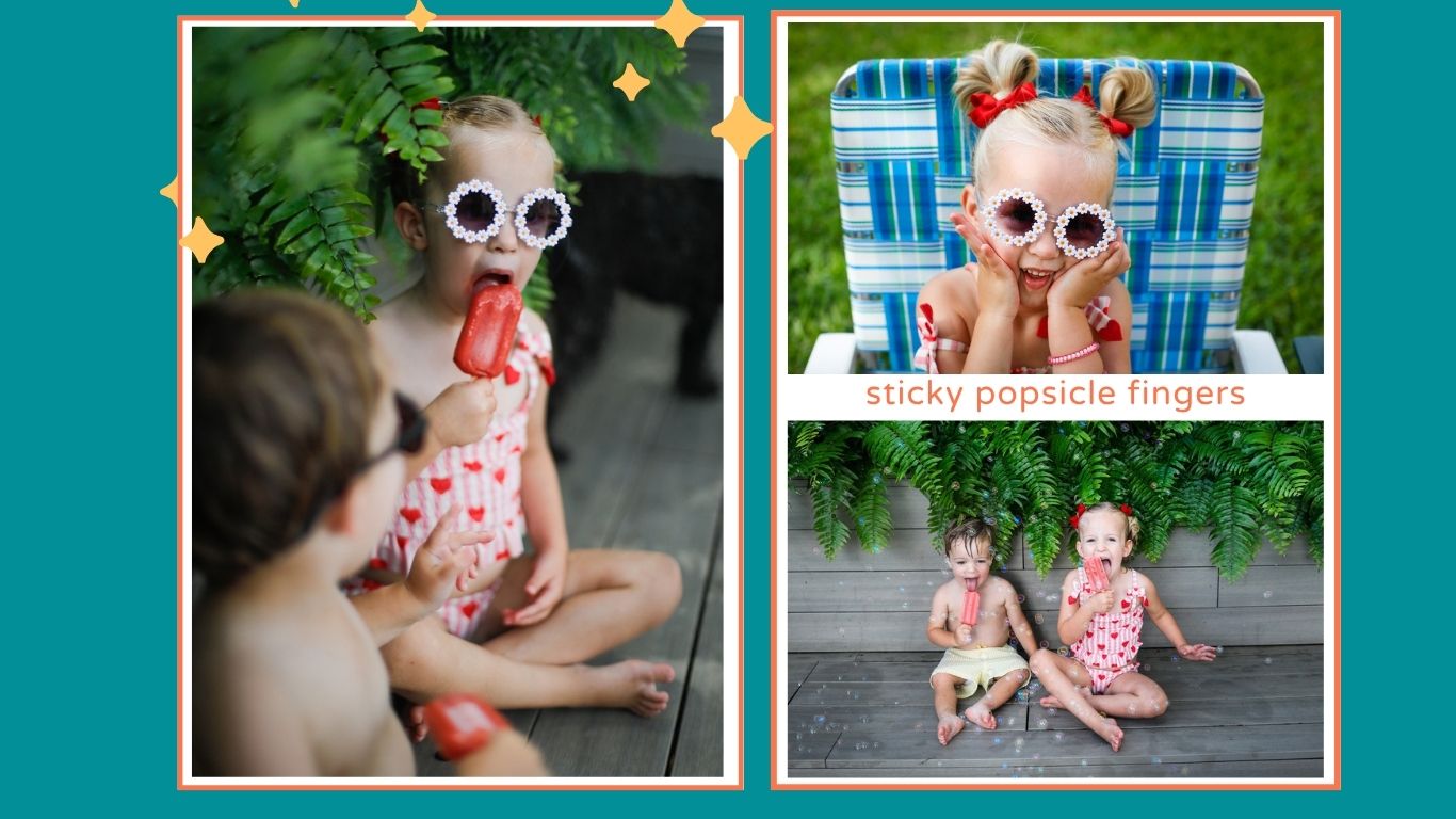 Three pictures of a brother and sister eating popsicles in their back yard during summer.