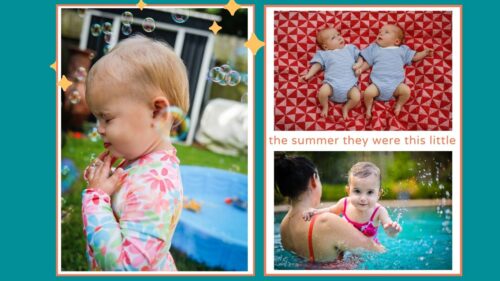two baby twin boys sitting on a red blanket.
