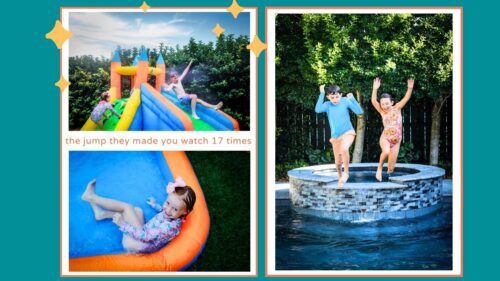 Kids jumping into a pool during summer.