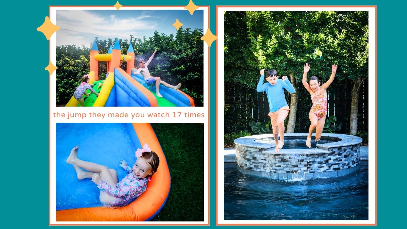 Kids jumping into a pool during summer.