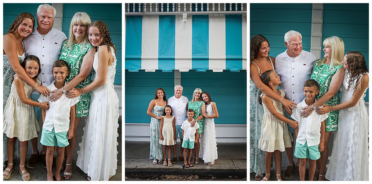 Grandparents hugging their four grandchildren.