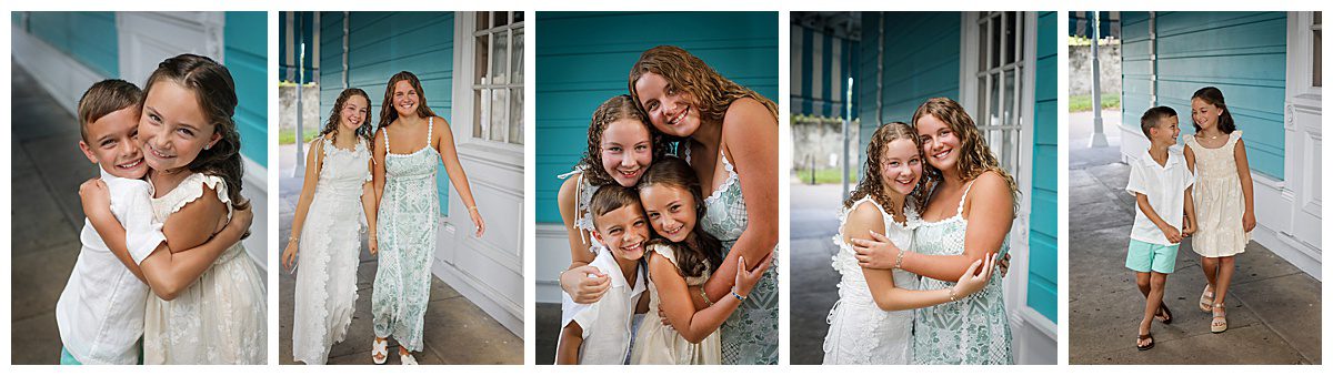 Several siblings and cousins posing for family photos.