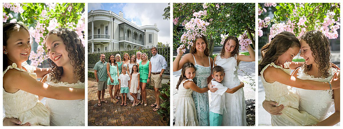 Several photos of a large family posing for pictures wearing cream and green.