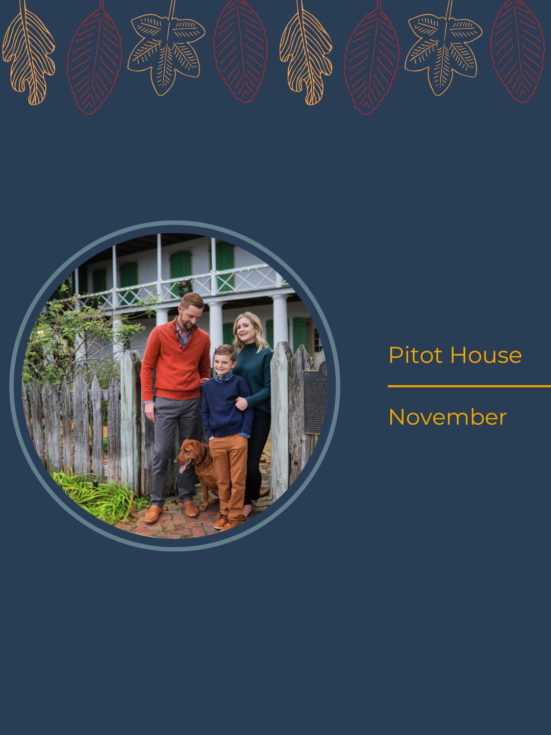 A family standing in front of the Pitot House for family photos.