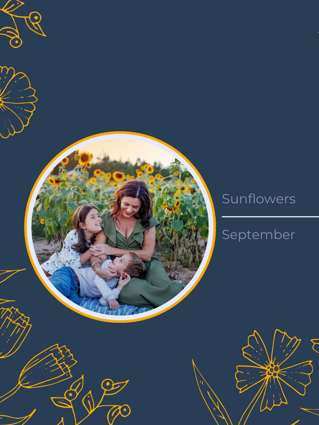 A mother with her kids in a sunflower field.