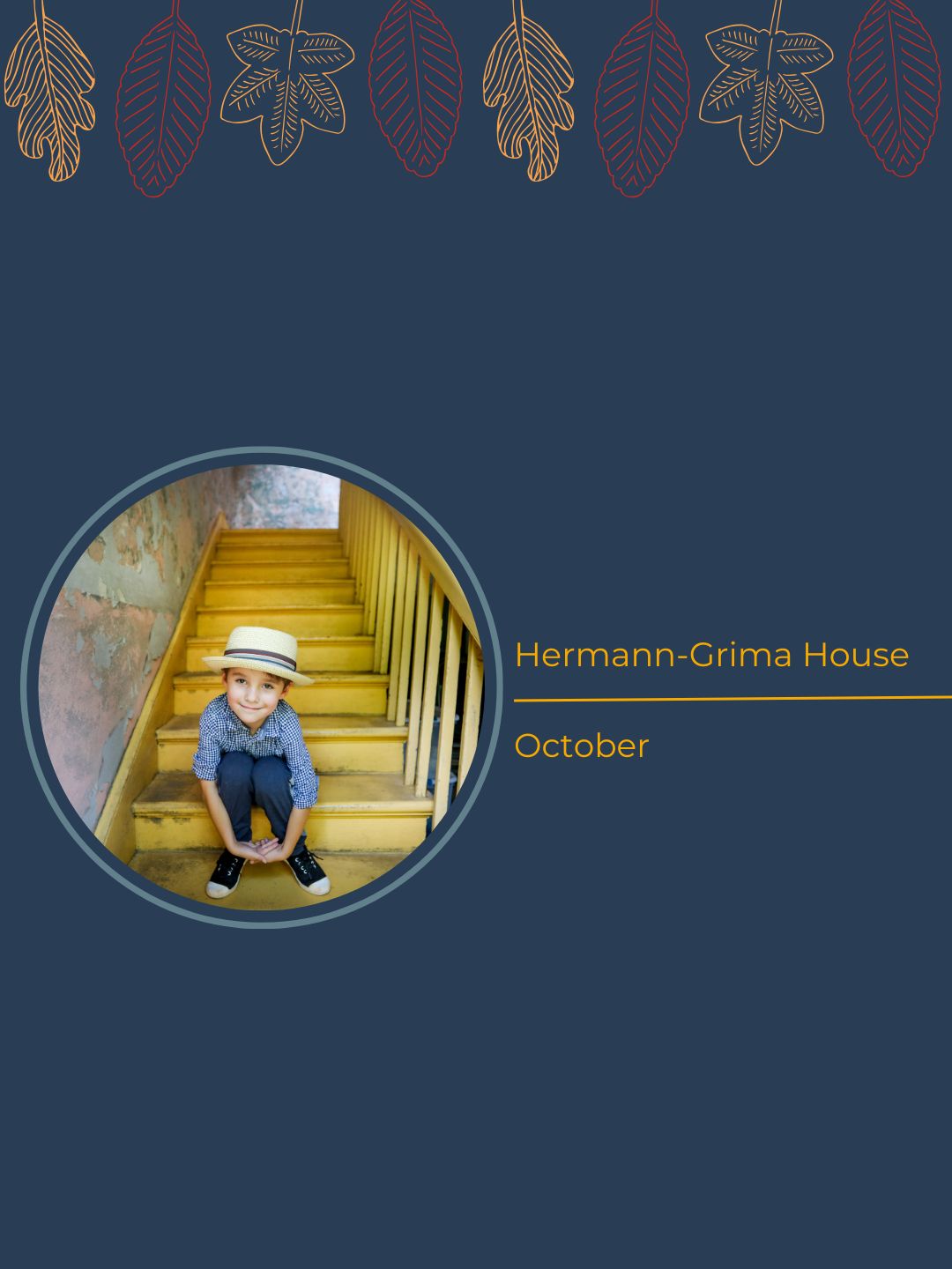 A young boy in a yellow stairwell in a historic home in New Orleans.