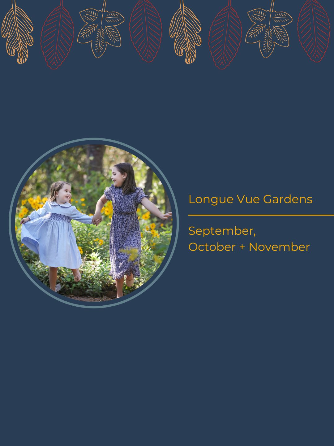 Two sisters furring through yellow flowers in a garden.