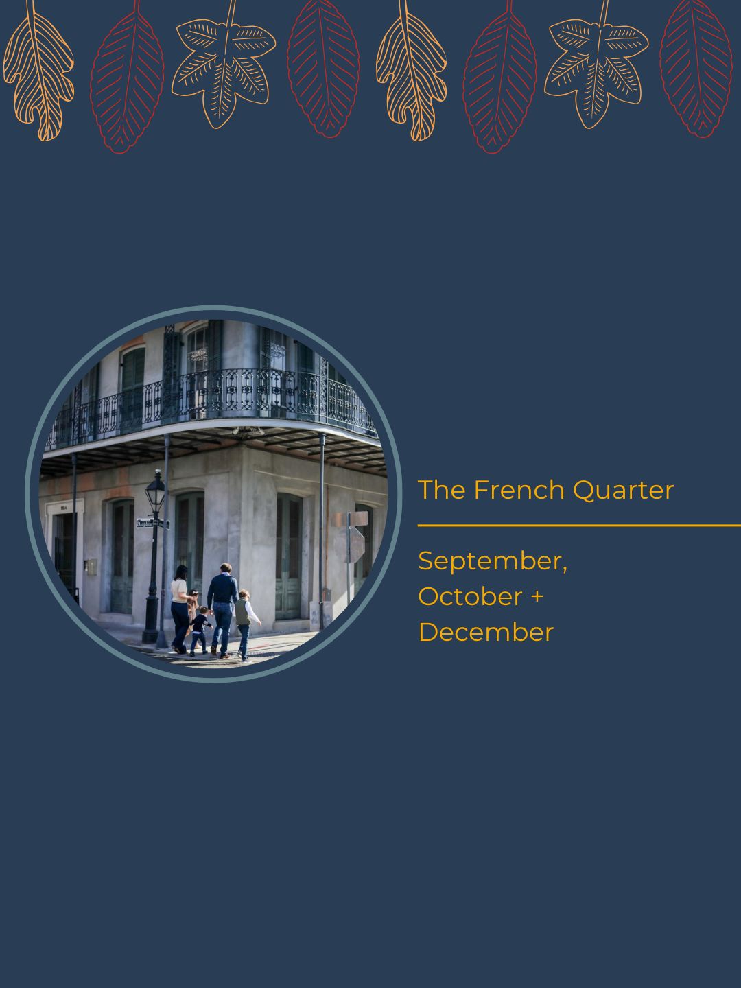 A family walking in the French Quarter holding hands.