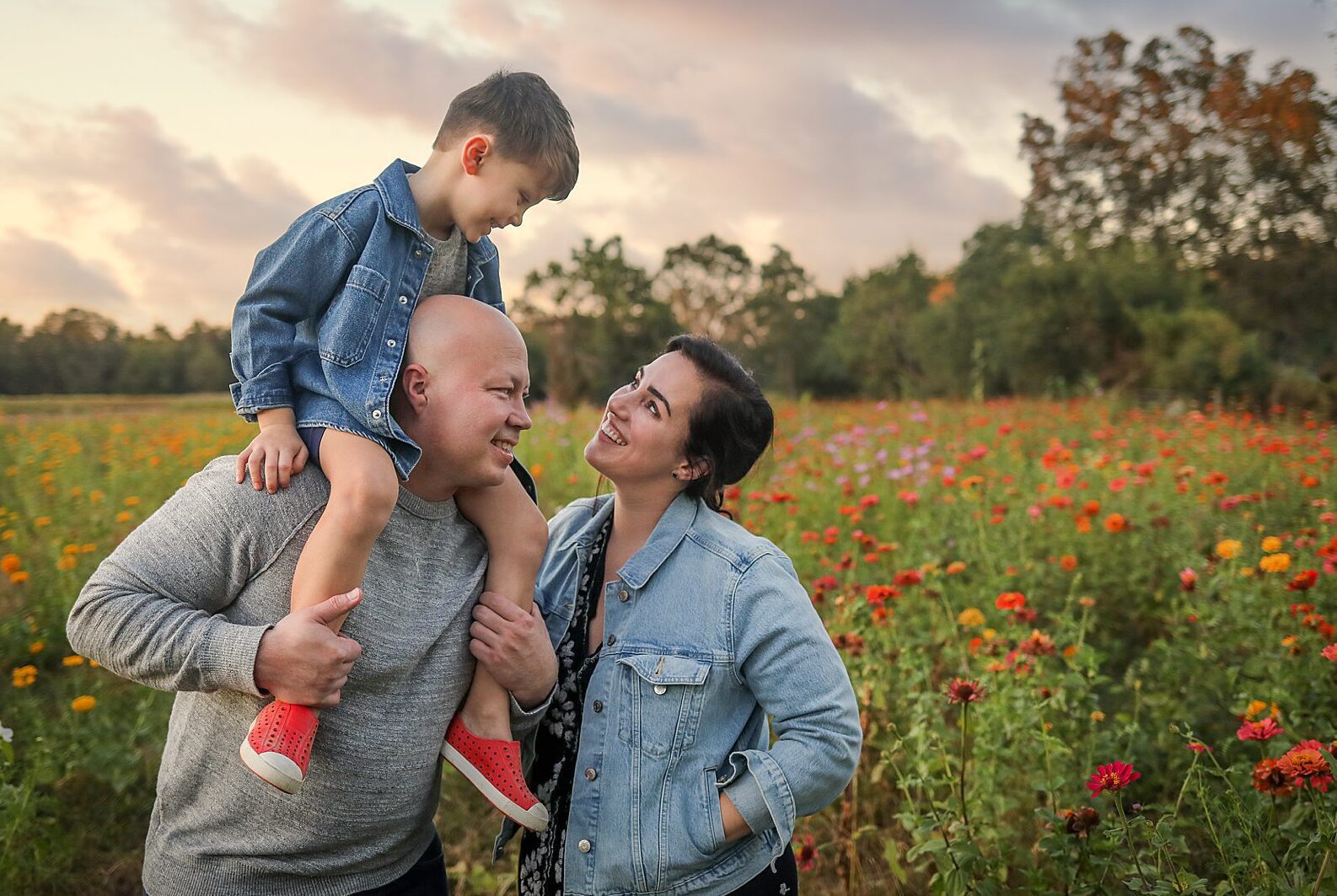 A little boy on his dad's shoulders looks down at his mom smiling up in a flower field.