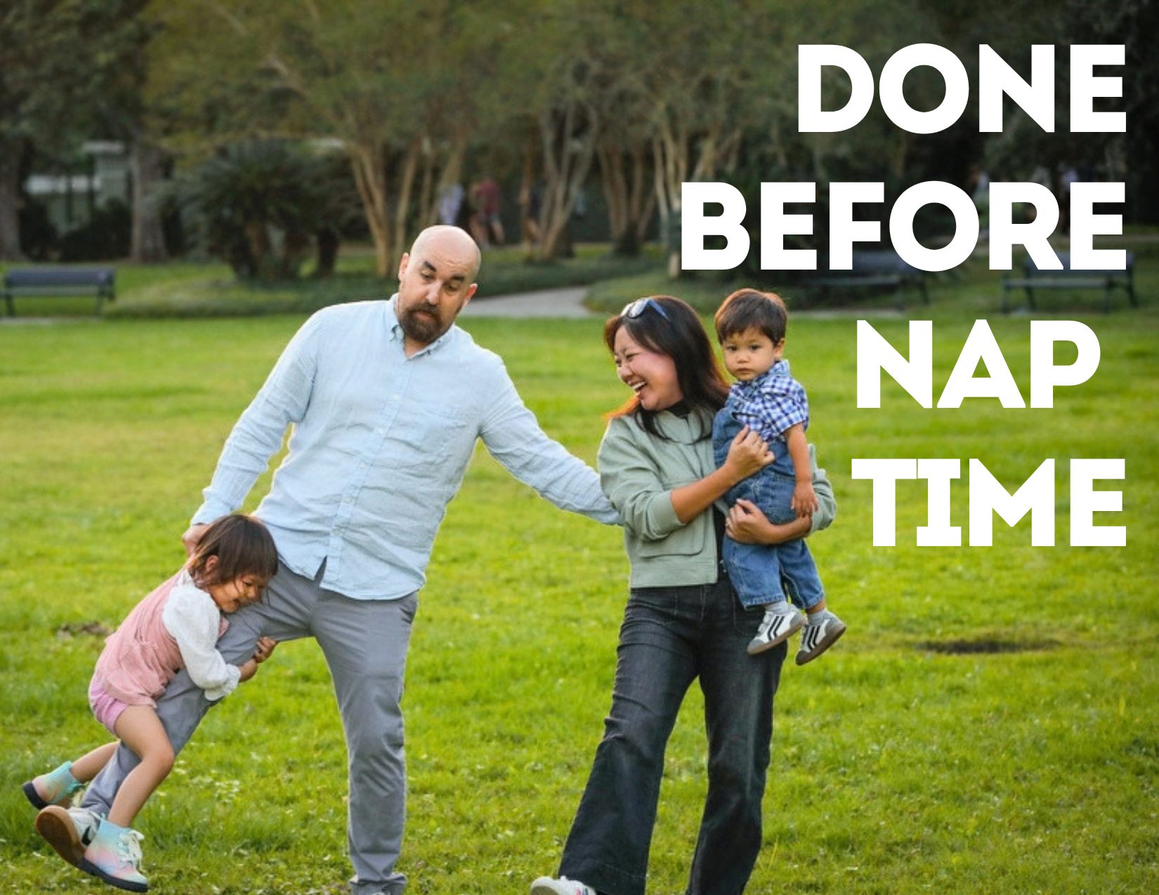 A toddler holding on to her dad's leg as they play with mom and baby brother in the park. For a story about how long does it take for a family session? A New Orleans photographer's honest answer.